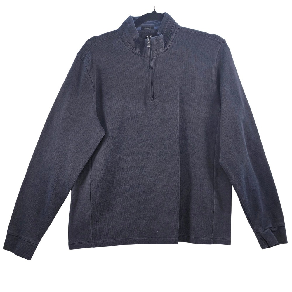 Hugo Boss Mens XL Navy Blue Quarter Zip‎ Regular Fit Textured Knit Sweater